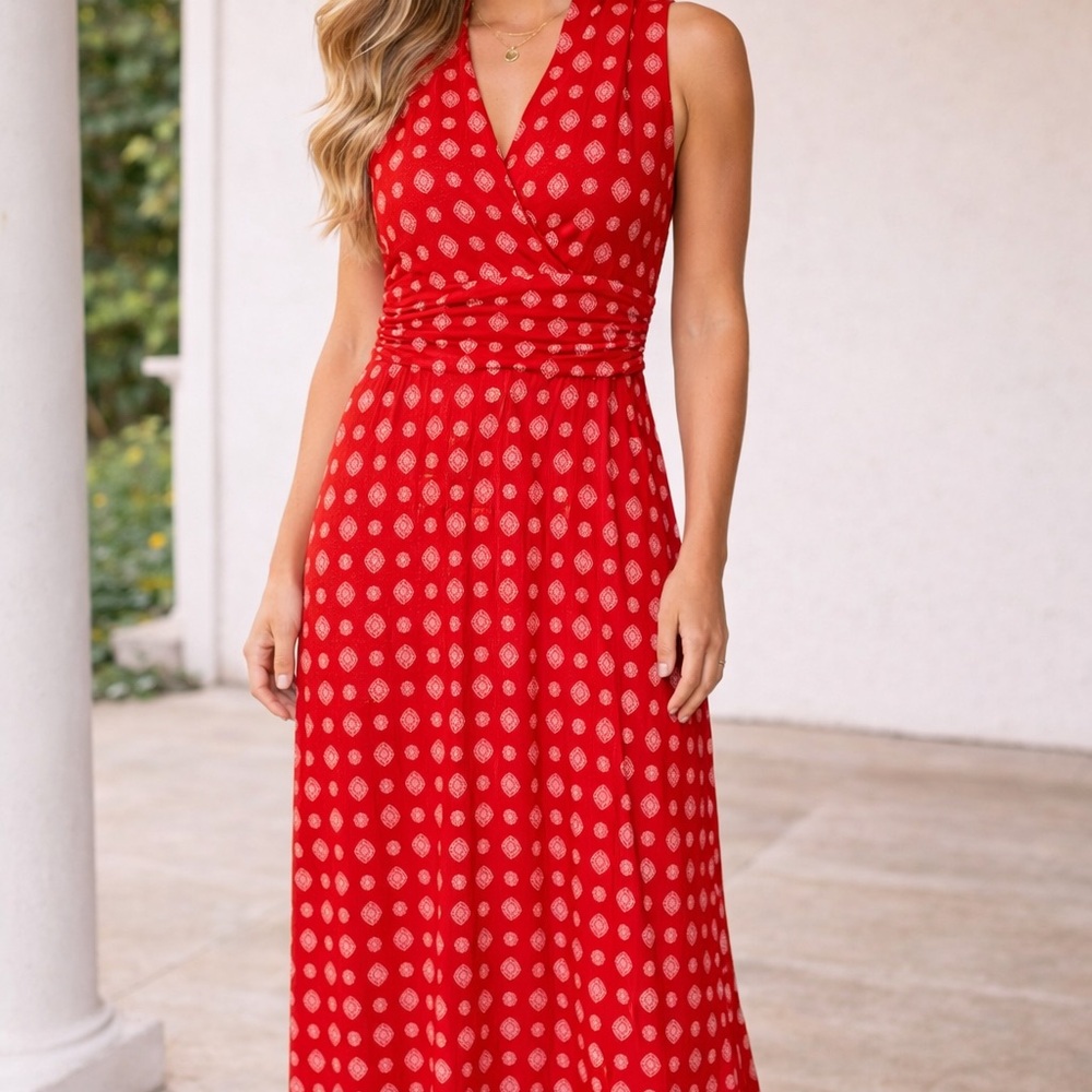 Vince Camuto Red and Gold Patterned Maxi Dress